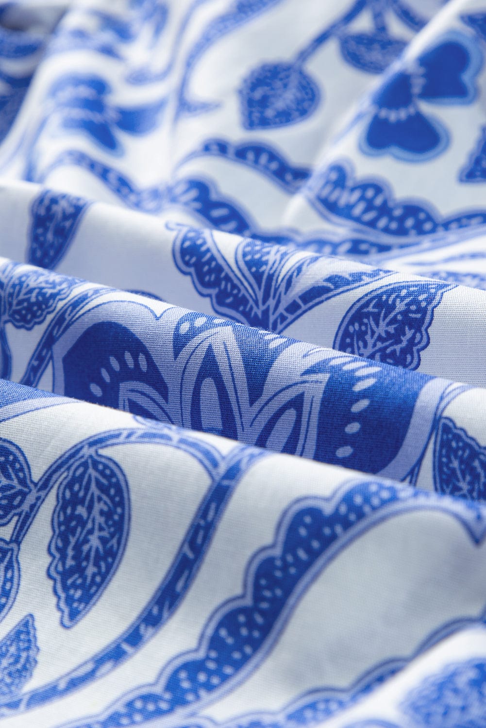 Navy Blue Flower Patterned Ruffle Bubble Sleeve Top