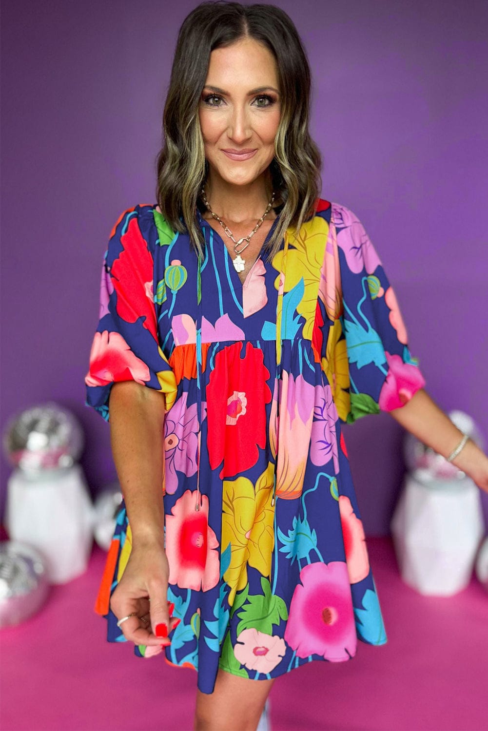 Navy Blue Flower Patterned V-Neck Babydoll Dress