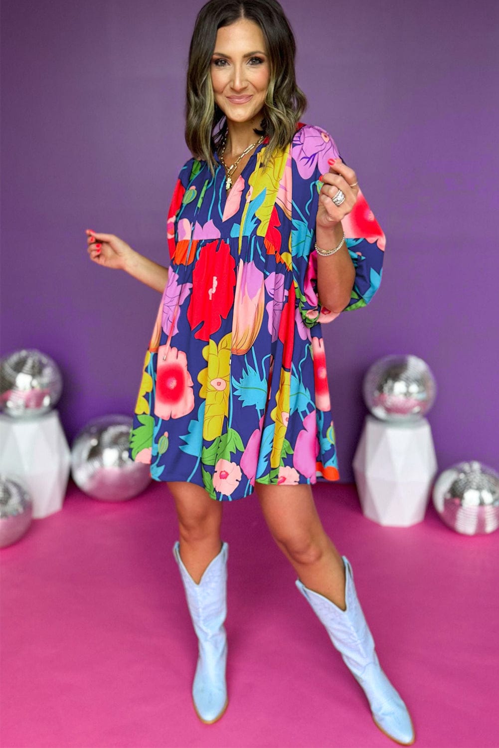 Navy Blue Flower Patterned V-Neck Babydoll Dress