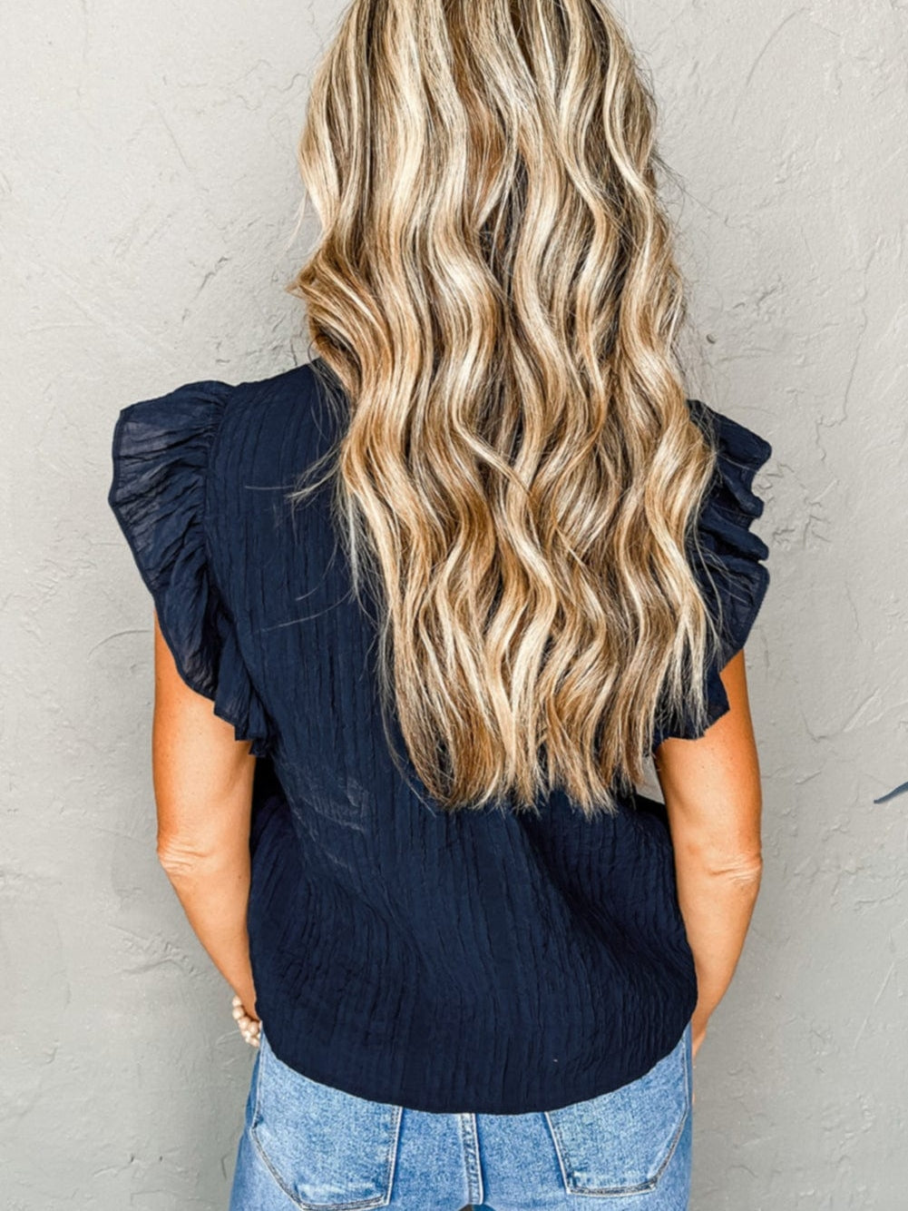 Navy Blue Frilled V Neck Flutter Sleeve Textured Blouse