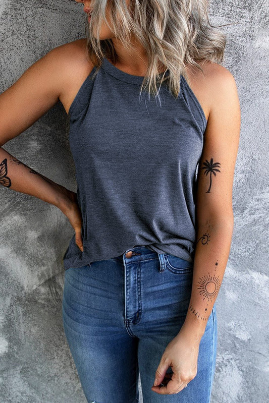 Navy Blue Sleeveless Crew Neck Tank Top