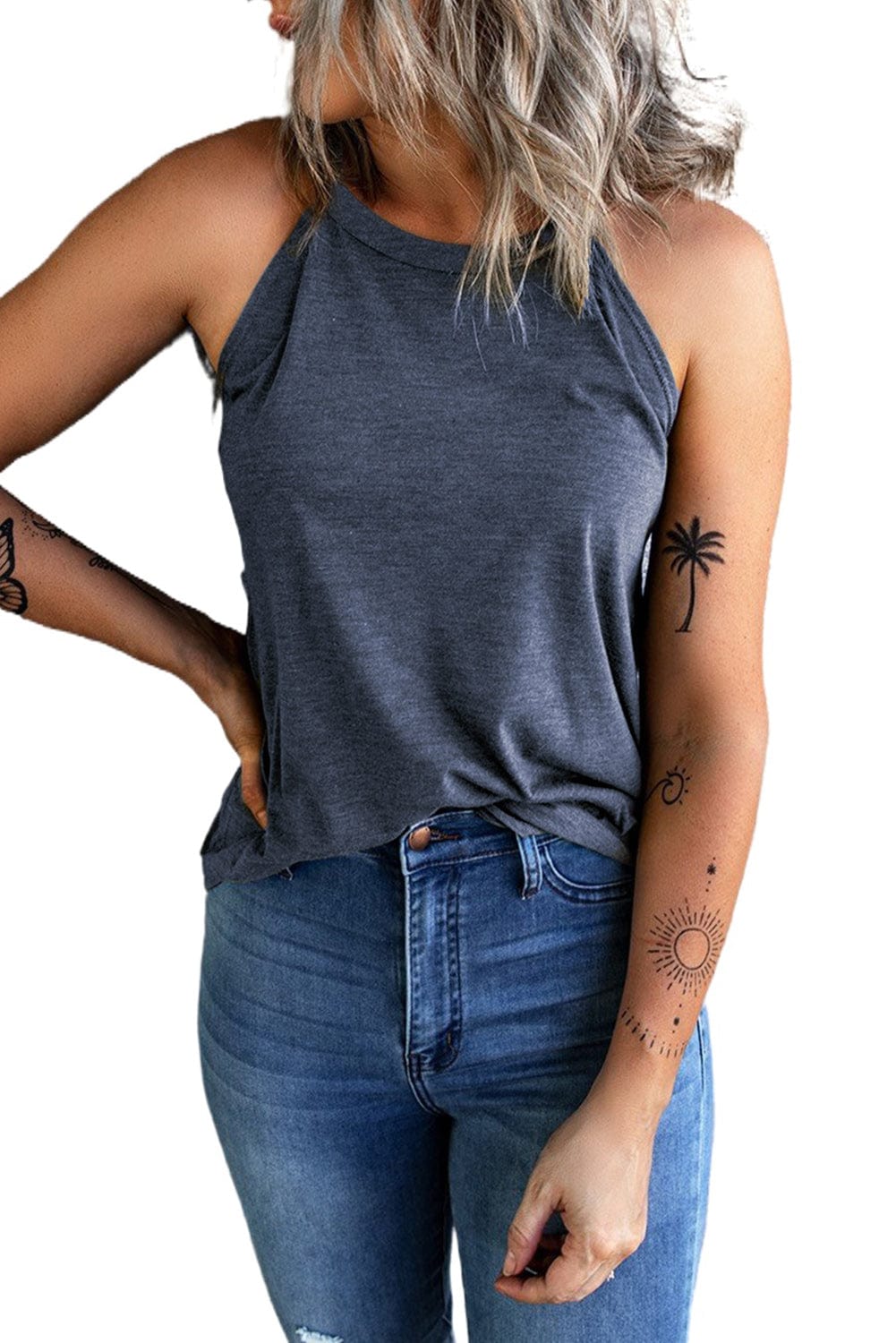 Navy Blue Sleeveless Crew Neck Tank Top