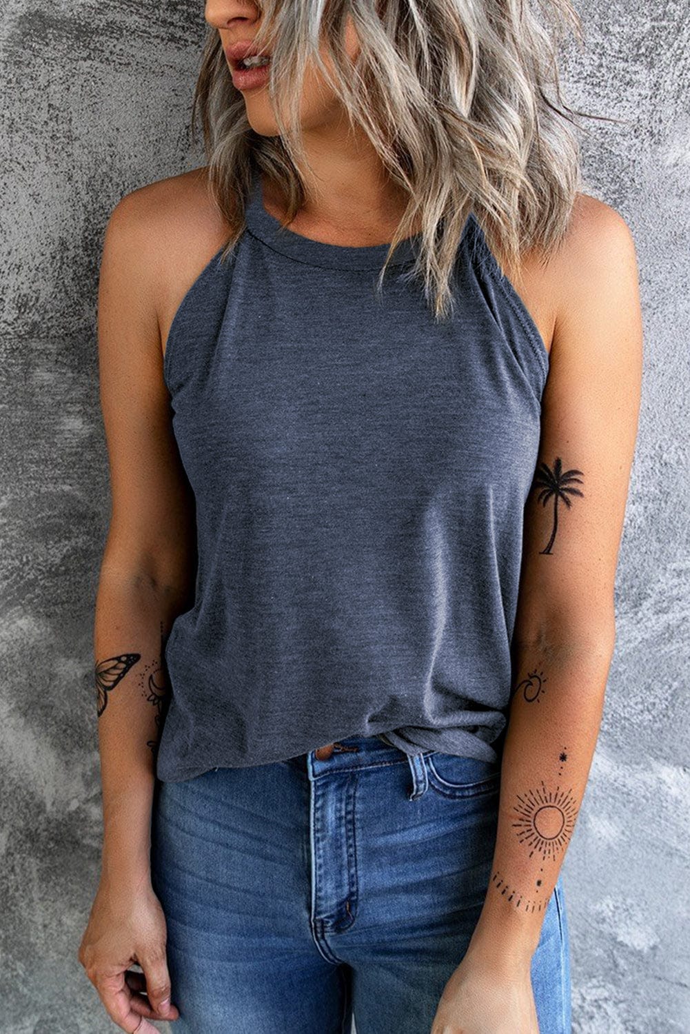 Navy Blue Sleeveless Crew Neck Tank Top