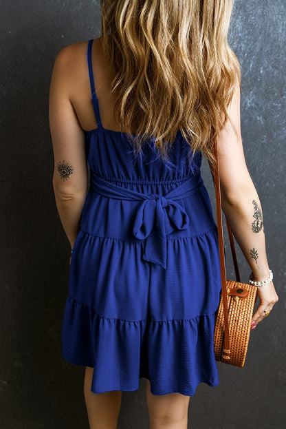 Navy Blue Spaghetti Strap Cinched Waist Layered Mini Dress