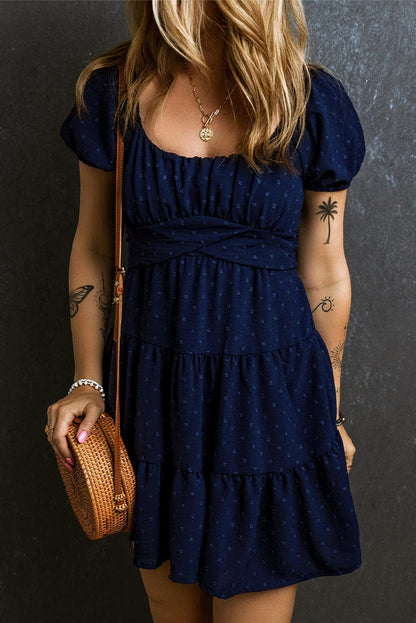 Navy Blue Swiss Dot Puff Sleeve Tiered Summer Dress