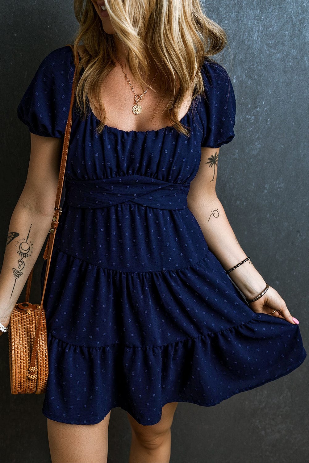 Navy Blue Swiss Dot Puff Sleeve Tiered Summer Dress