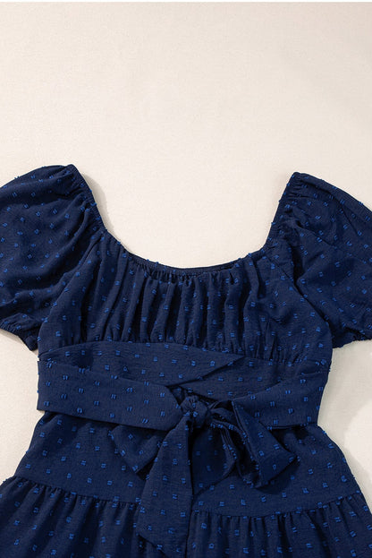 Navy Blue Swiss Dot Puff Sleeve Tiered Summer Dress