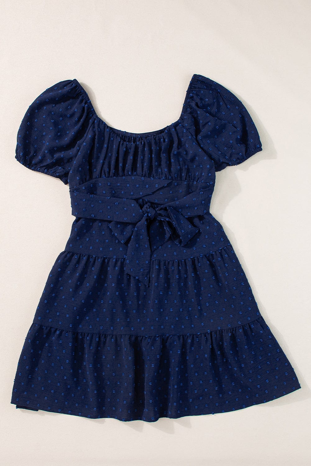 Navy Blue Swiss Dot Puff Sleeve Tiered Summer Dress