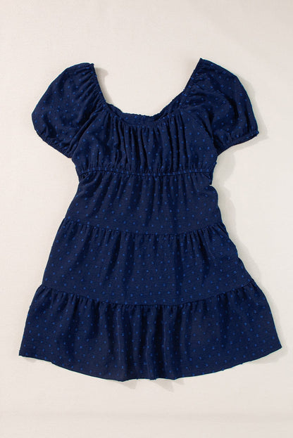 Navy Blue Swiss Dot Puff Sleeve Tiered Summer Dress