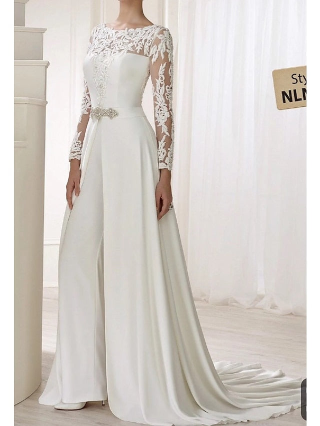Hall Casual Wedding Dresses Jumpsuits Illusion Neck Long Sleeve Floor Length Lace Bridal Gowns With Sashes / Ribbons Crystals 2023 Summer Wedding Party, Women's Clothing - LuckyFash™