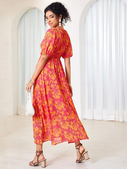 Women's Floral Maxi Dress Pink Chiffon Swing Dress Pleated V Neck Puff Sleeve Boho Vacation Beach Wedding Guest Summer