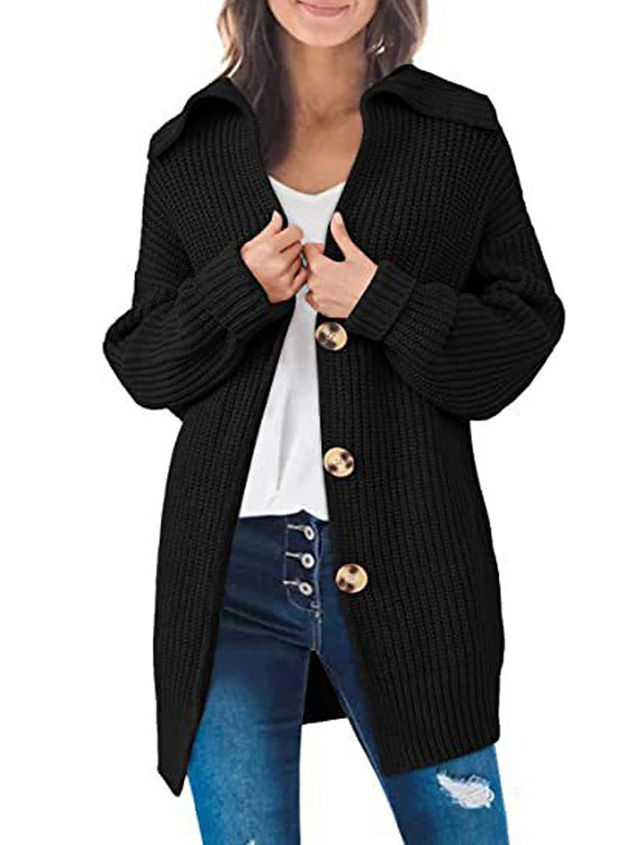 Women's Cardigan Sweater Shirt Collar Ribbed Knit Acrylic Patchwork Button Fall Winter Long Daily Going out Weekend Stylish Casual Soft Long Sleeve Solid Color Black White Yellow S M L