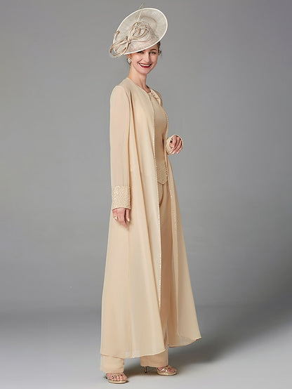 Jumpsuit / Pantsuit 3 Piece Mother of the Bride Dress Formal Plus Size Elegant Wrap Included Bateau Neck Floor Length Chiffon Sleeveless with Beading Appliques 2023 - LuckyFash™