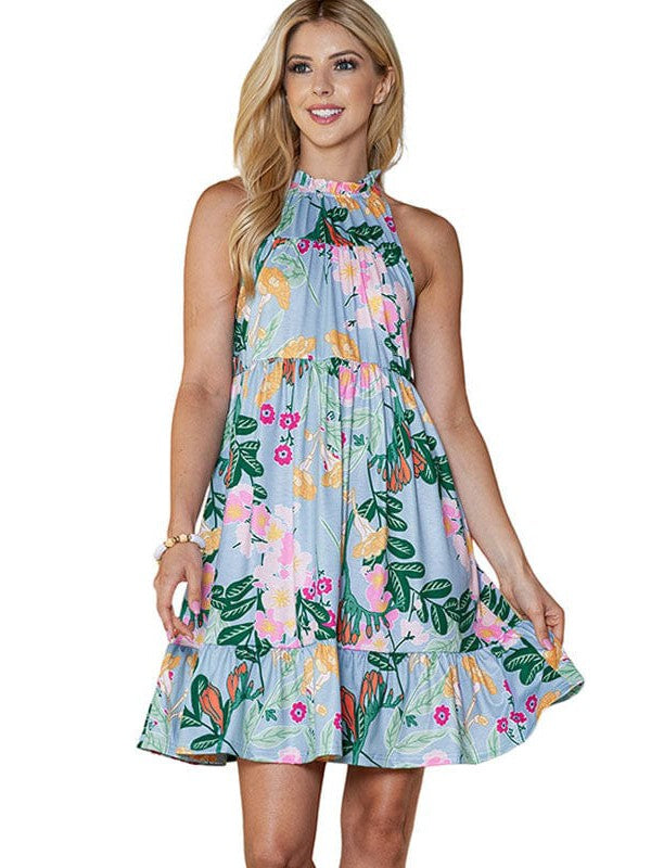 Neck High Waist Floral Strap Dress