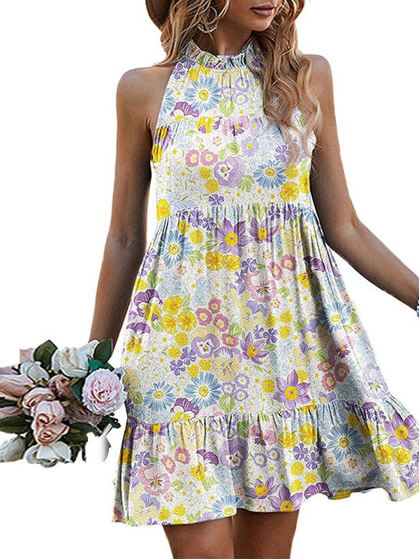 Neck High Waist Floral Strap Dress