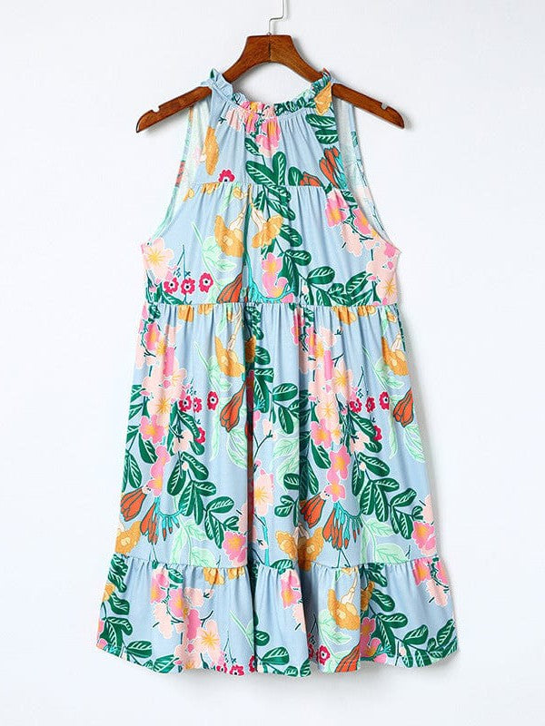 Neck High Waist Floral Strap Dress