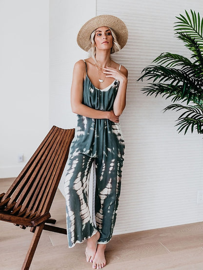 Jumpsuits for Women Summer Tie Dye V Neck Basic Casual Daily Wide Leg Loose Strap Sleeveless Blue Black Gray S M L - LuckyFash™