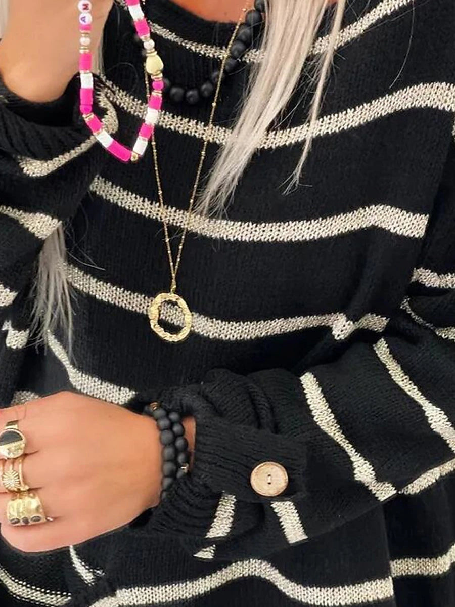 Women's Pullover Sweater Jumper Crew Neck Ribbed Knit Polyester Pocket Fall Winter Daily Going out Weekend Stylish Casual Soft Long Sleeve Striped Maillard Black Pink Orange S M L