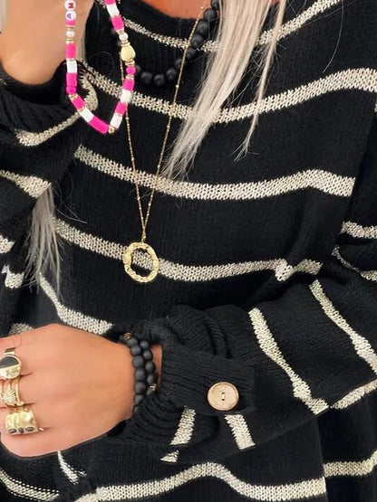 Women's Pullover Sweater Jumper Crew Neck Ribbed Knit Polyester Pocket Fall Winter Daily Going out Weekend Stylish Casual Soft Long Sleeve Striped Maillard Black Pink Orange S M L