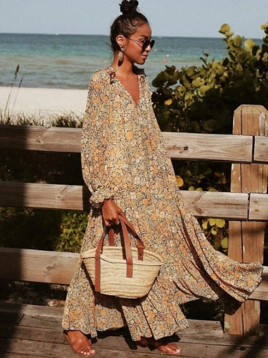 Women's Dress - Casual Dress Swing Dress Long Dress Maxi Dress Boho Dress Khaki Long Sleeve Floral Print Spring Summer Dress V Neck Dress Loose Fit S M L XL XXL 3XL