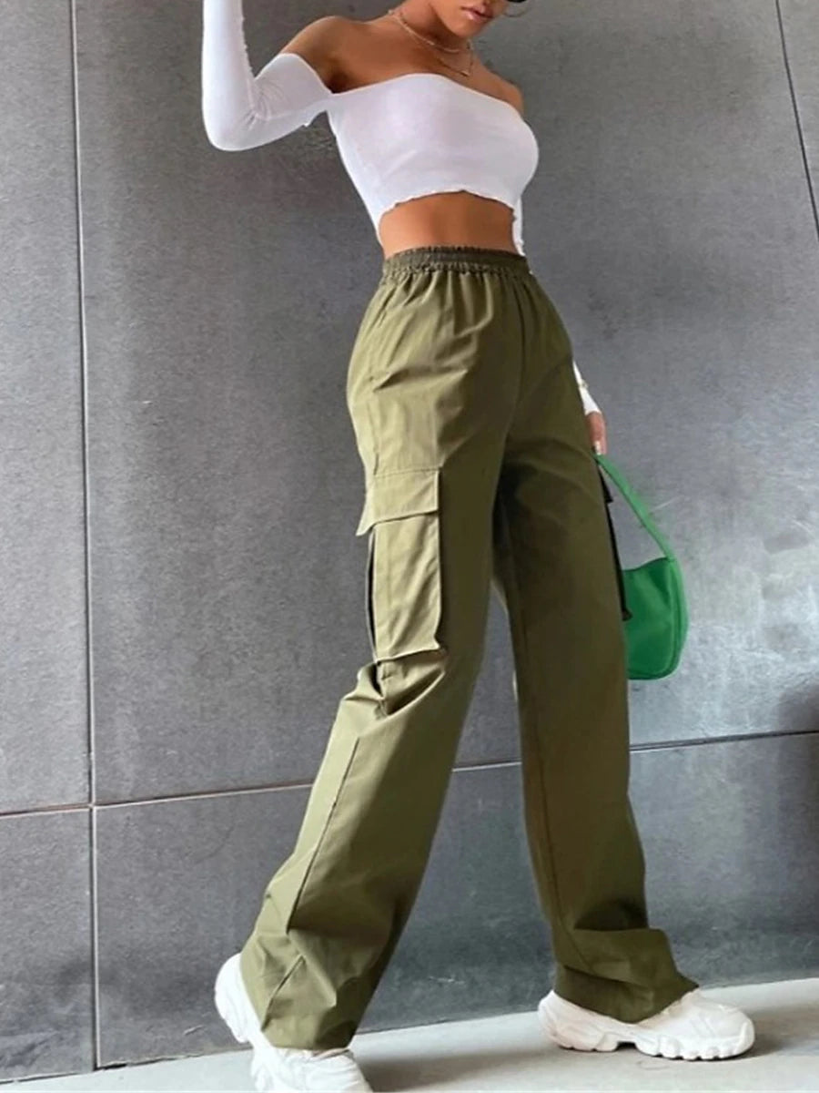 Women's Cargo Pants Polyester Plain ArmyGreen off white Streetwear High Waist Full Length Casual Sports Summer Spring