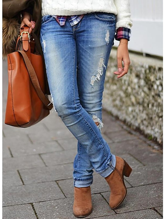 Women's Jeans Denim Solid Colored Blue Casual Low Rise Full Length Casual Daily