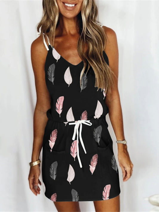 Women's Dress - Strap Dress Mini Dress Black White Sleeveless Print Lace up Spring Summer V Neck Casual 2023 S M L XL XXL