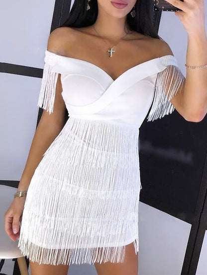 Women's Dress - Semi Formal Party Dress Wedding Guest Dress Fringe Dress Sheath Dress Mini Dress Black White Sleeveless Pure Color Tassel Fringe Fall Spring Summer V Neck Fashion Birthday 2023 S M L XL