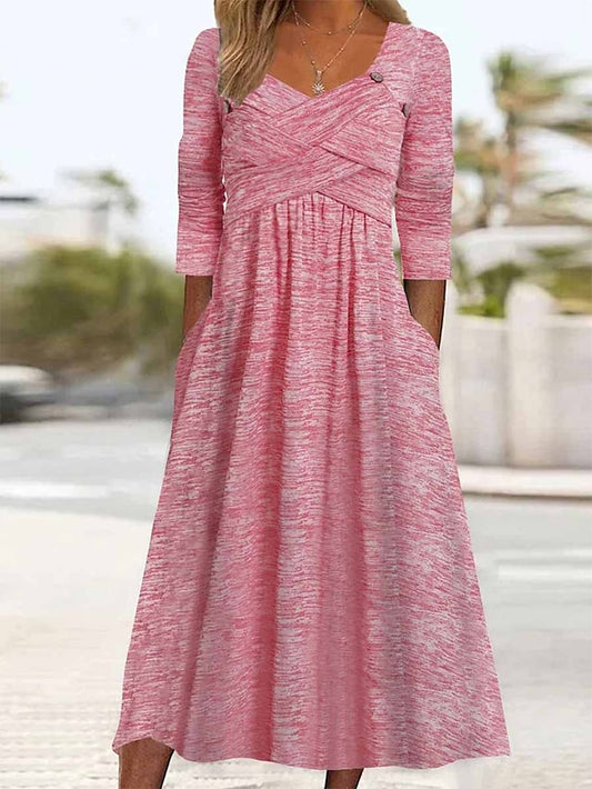 Women's Dress - Casual Dress Pleated Dress Plain Dress Plain Ruched Pocket Square Neck Midi Dress Fashion Modern Daily Vacation 3/4 Length Sleeve Regular Fit Pink Purple Green Summer Spring S M L XL XXL