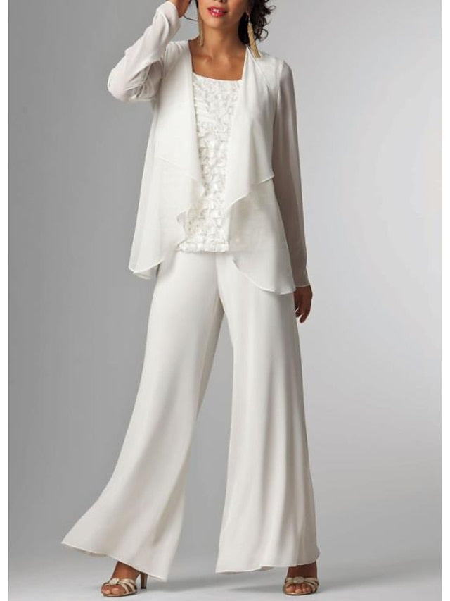 Jumpsuit / Pantsuit 3 Piece Mother of the Bride Dress Formal Plus Size Elegant Wrap Included Bateau Neck Floor Length Chiffon Sleeveless with Lace 2023 - LuckyFash™
