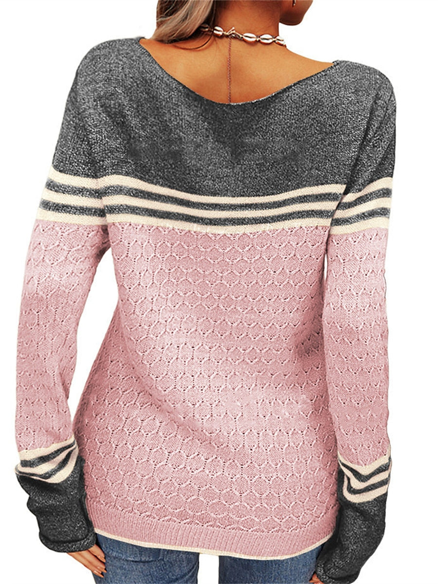 Women's Pullover Sweater Jumper Crew Neck Ribbed Knit Acrylic Patchwork Fall Winter Regular Outdoor Daily Going out Stylish Casual Soft Long Sleeve Color Block Striped Black White Pink S M L
