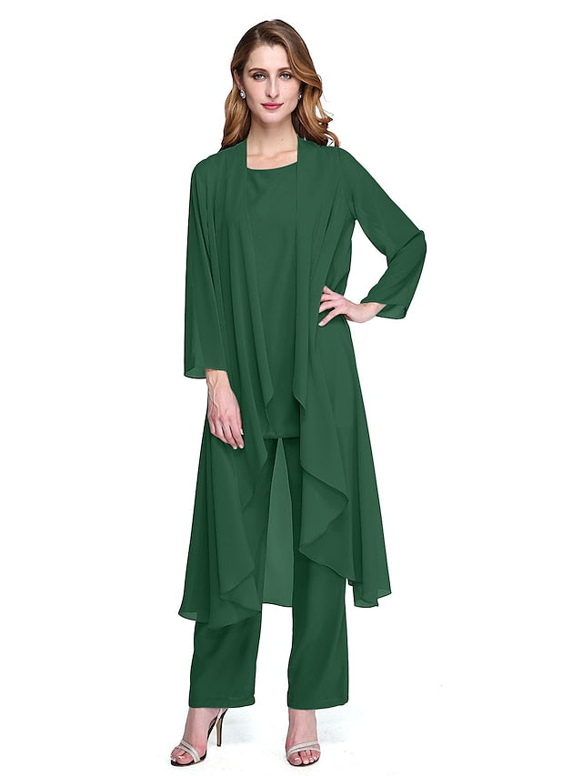 Jumpsuit / Pantsuit Mother of the Bride Dress Plus Size Elegant Bateau Neck Floor Length Chiffon Sleeveless yes with Solid Color 2023 - LuckyFash™
