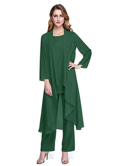 Jumpsuit / Pantsuit Mother of the Bride Dress Plus Size Elegant Bateau Neck Floor Length Chiffon Sleeveless yes with Solid Color 2023 - LuckyFash™