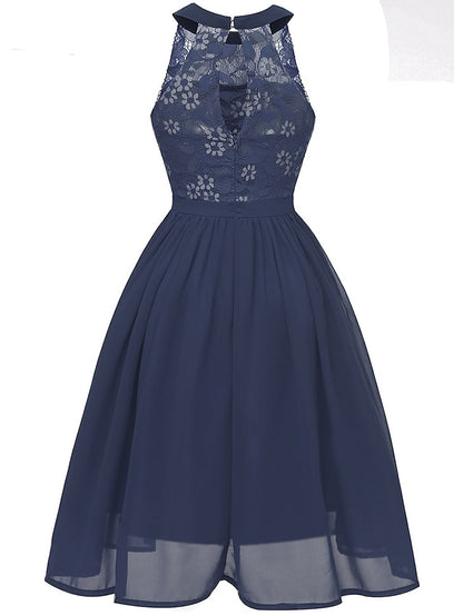 Women's Dress - Party Dress Wedding Guest Lace Dress A Line Dress Midi Dress Pink Wine Navy Blue Sleeveless Pure Color Lace Summer Spring Halter Party Slim 2023 S M L XL XXL