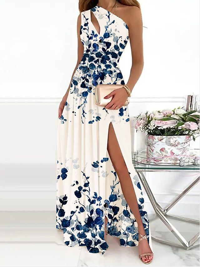 Women's Dress - Long Dress Maxi Dress White Sleeveless Floral Ruched Fall Spring Autumn One Shoulder 2023 S M L XL XXL 3XL