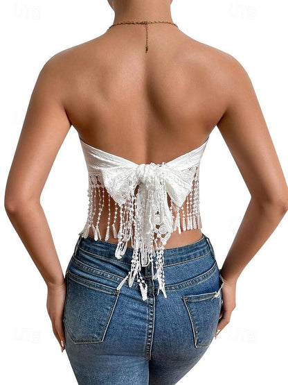 Lace Shirt Tube Top White Lace Shirt Women's White Yellow Pink Floral Tassel Street Daily Fashion S
