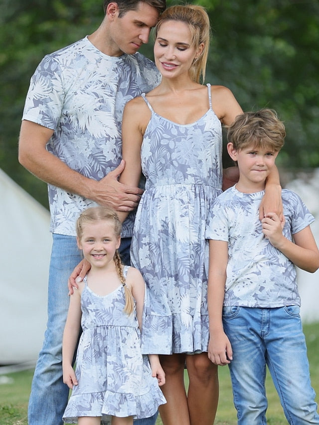 Family Dresses T shirt Family Sets Graphic Leaf Daily Ruched Gray Sleeveless Midi Strap Dress Active Matching Outfits - LuckyFash™