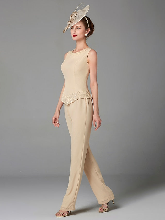 Jumpsuit / Pantsuit 3 Piece Mother of the Bride Dress Formal Plus Size Elegant Wrap Included Bateau Neck Floor Length Chiffon Sleeveless with Beading Appliques 2023 - LuckyFash™