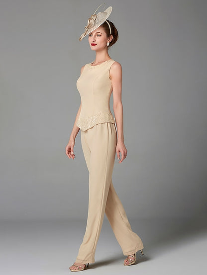 Jumpsuit / Pantsuit 3 Piece Mother of the Bride Dress Formal Plus Size Elegant Wrap Included Bateau Neck Floor Length Chiffon Sleeveless with Beading Appliques 2023 - LuckyFash™