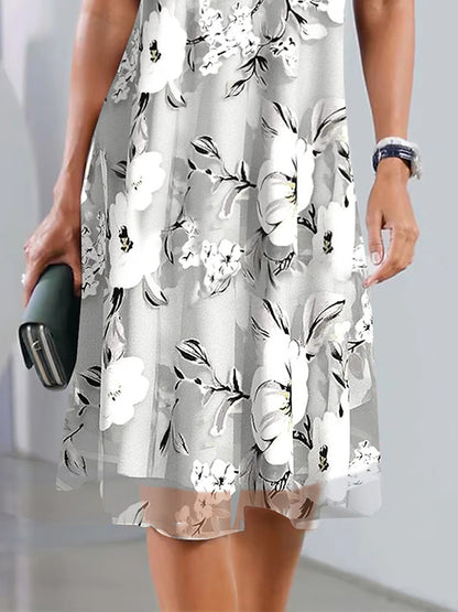 Women's Chiffon Chiffon Dress Floral Mesh Print Crew Neck Midi Dress Daily Vacation Short Sleeve Summer Spring