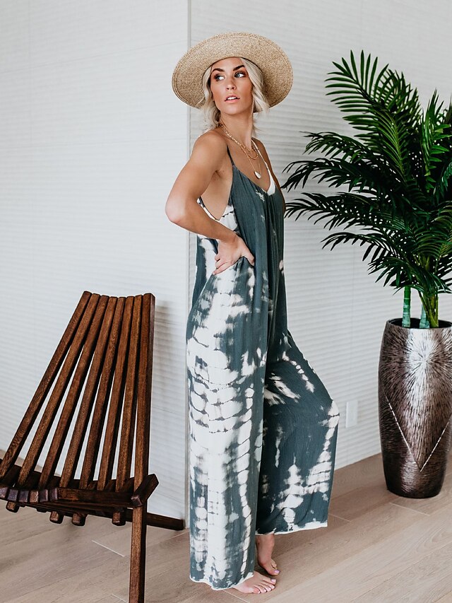 Jumpsuits for Women Summer Tie Dye V Neck Basic Casual Daily Wide Leg Loose Strap Sleeveless Blue Black Gray S M L - LuckyFash™