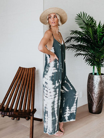 Jumpsuits for Women Summer Tie Dye V Neck Basic Casual Daily Wide Leg Loose Strap Sleeveless Blue Black Gray S M L - LuckyFash™