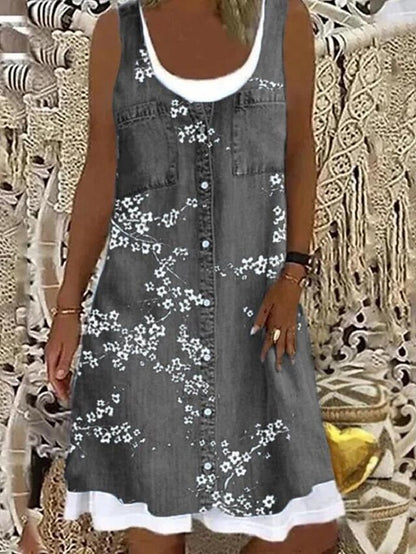 Women's Dress - Denim Dress Casual Dress Mini Dress Blue Dusty Blue Light Blue Sleeveless Floral Patchwork Summer Spring U Neck Fashion Vacation Loose Fit 2023 S M L XL XXL 3XL 4XL 5XL