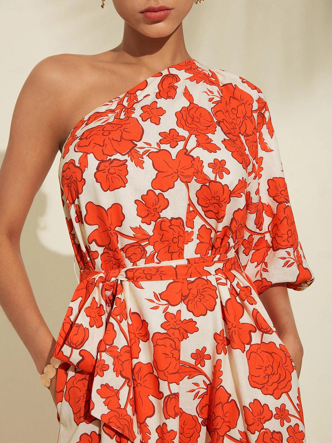 Floral Diagonal Neck Maxi Dress