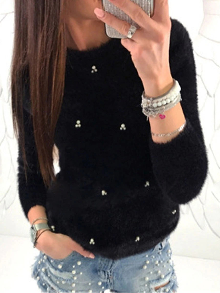 Women's Pullover Sweater Jumper Crew Neck Ribbed Knit Acrylic Beads Fall Winter Regular Outdoor Daily Going out Stylish Casual Soft Long Sleeve Solid Color Black White Pink XS S M