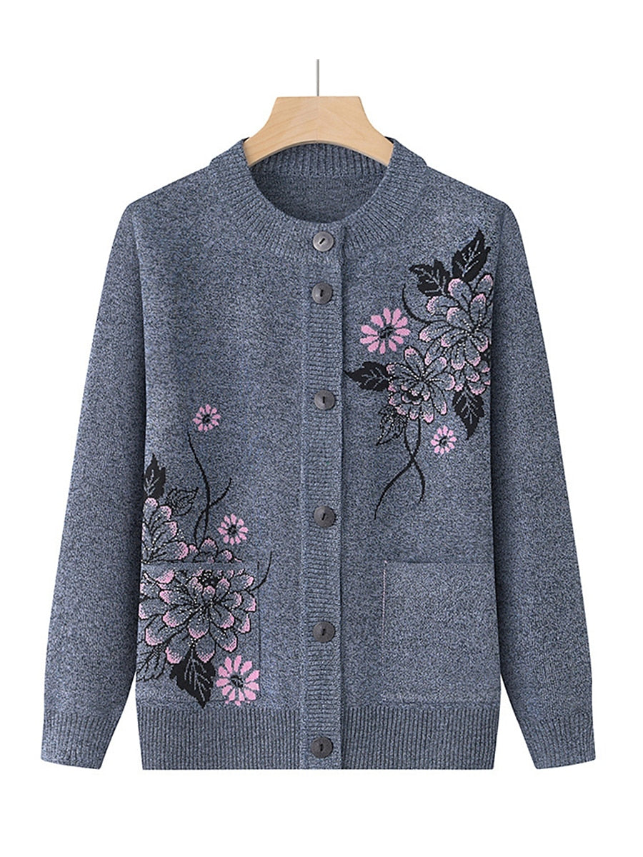 Women's Cardigan Sweater Crew Neck Ribbed Knit Polyester Button Pocket Fall Winter Outdoor Holiday Going out Stylish Casual Soft Long Sleeve Floral claret Grass Green Leather Pink XL 2XL 3XL