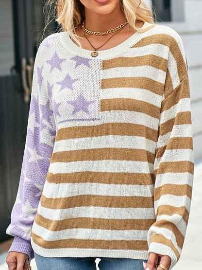 Women's Pullover Sweater Jumper Crew Neck Ribbed Knit Acrylic Patchwork Summer Spring Daily Going out Weekend Stylish Casual Soft Long Sleeve Star Striped Fuchsia Khaki S M L