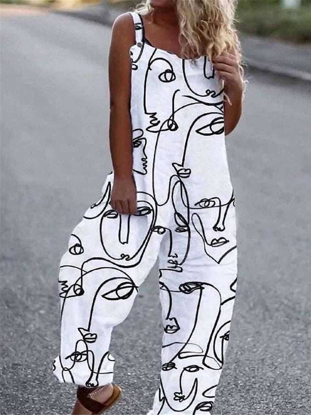 Jumpsuits for Women Summer Overall Pocket Print Floral Square Neck Streetwear Daily Vacation Regular Fit Sleeveless Black White Yellow S M L Summer - LuckyFash™