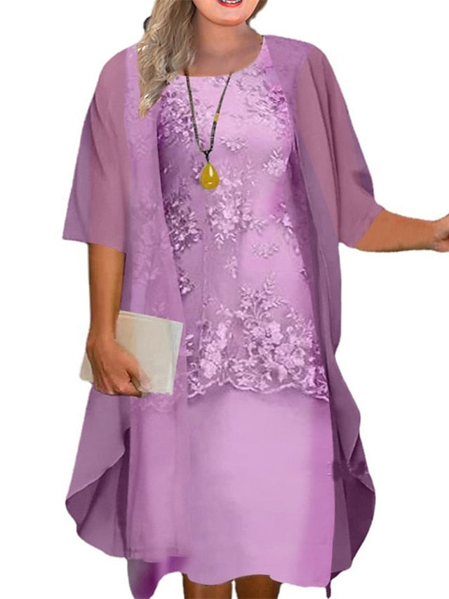 Women's Dress - Plus Size Casual Dress Floral Crew Neck Lace Half Sleeve Spring Fall Casual Midi Dress Daily Holiday Dress