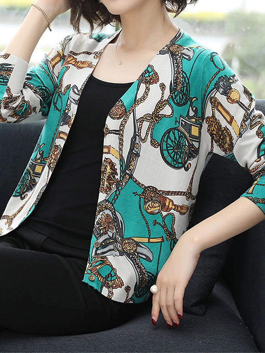 Women's Cardigan Sweater V Neck Ribbed Knit Polyester Button Print Fall Winter Outdoor Daily Holiday Stylish Casual Soft Long Sleeve Animal Floral Rose black Chain black Rose navy blue S M L